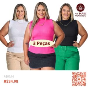 Confira Blusa Feminina Kit 3 Un Garrafinha Plus Size Gola Alta Trico Canelado com 42% de desconto! Somente R$34,98. Encontre na Shopee agora!