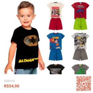 Confira Kit 6 Peças de Roupa Menino Infantil Heróis Verão 1 a 8 anos - 3 bermudas + 3 camisetas Conjunto Personagem Calor com 21% de desconto! Somente R$54,90. Encontre na Shopee agora!